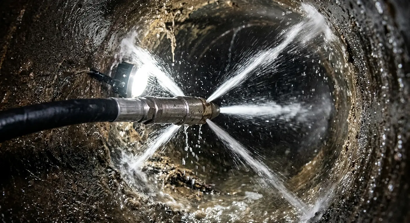 High-pressure hydro jetting nozzle cleaning sewer pipe for Storm Drain Cleaning in St. Pete Beach