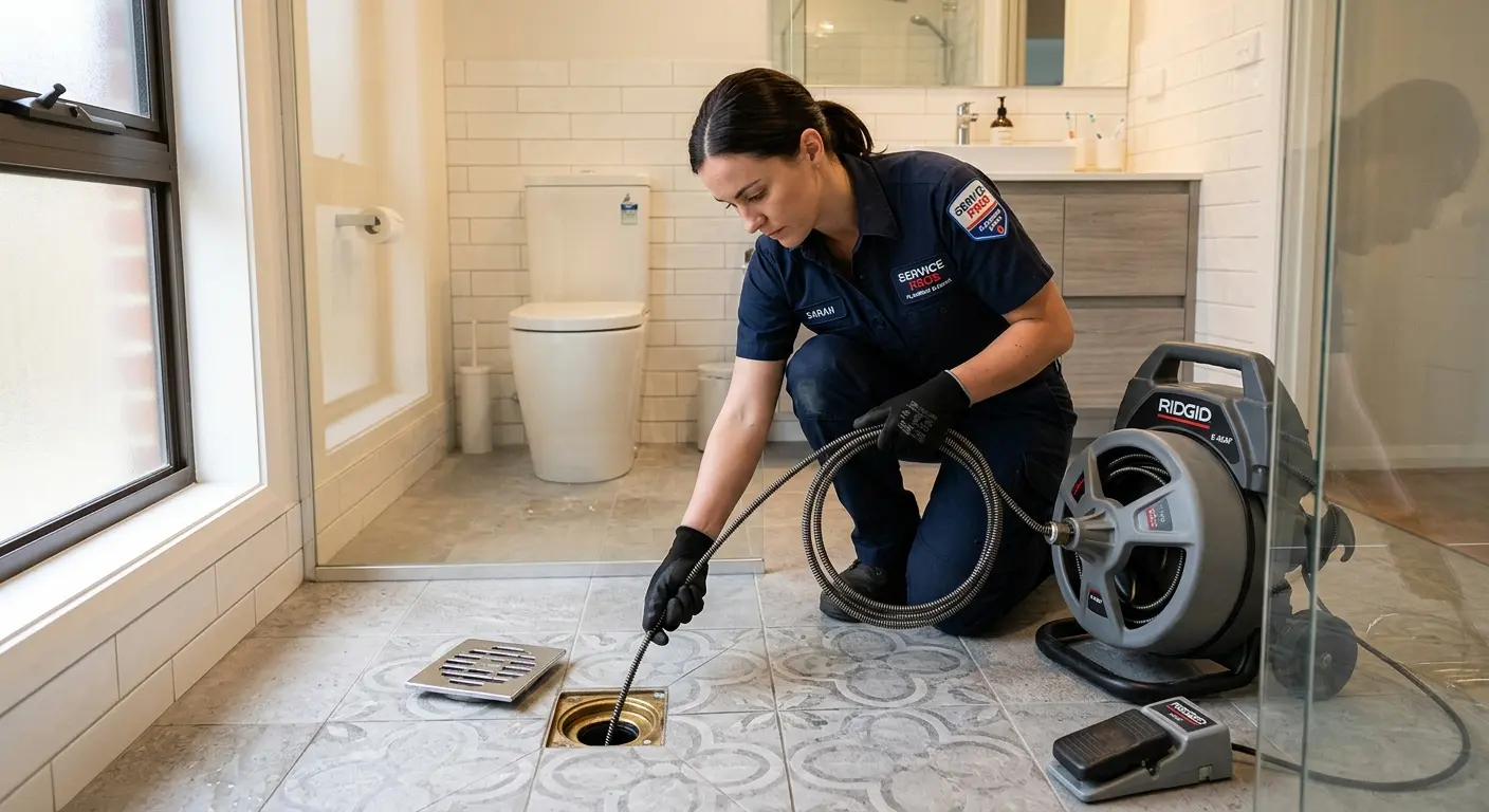Technician clearing a bathroom floor drain for Hydro Jetting in St. Pete Beach